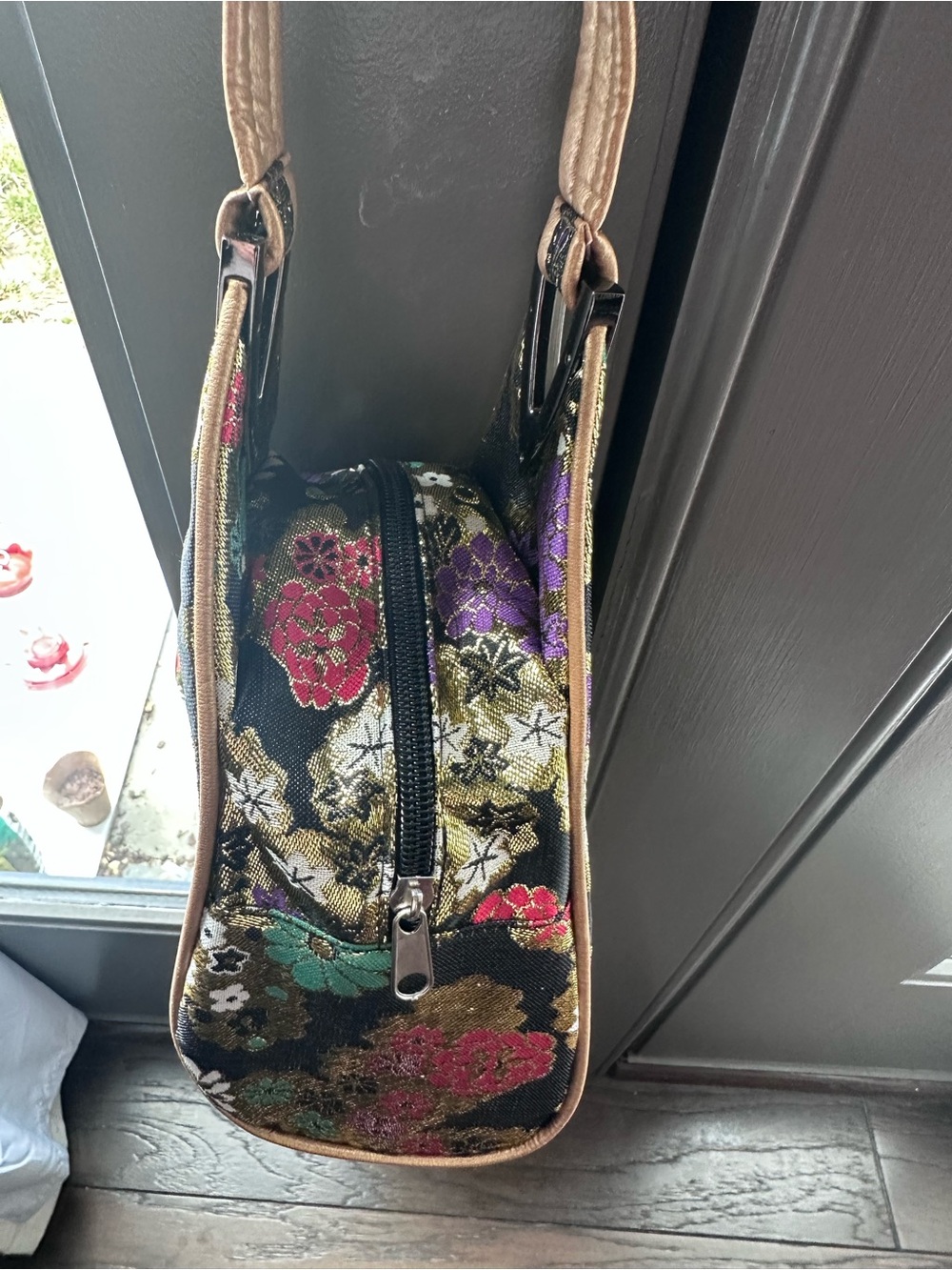 Japanese floral patterned handbag with gold accents